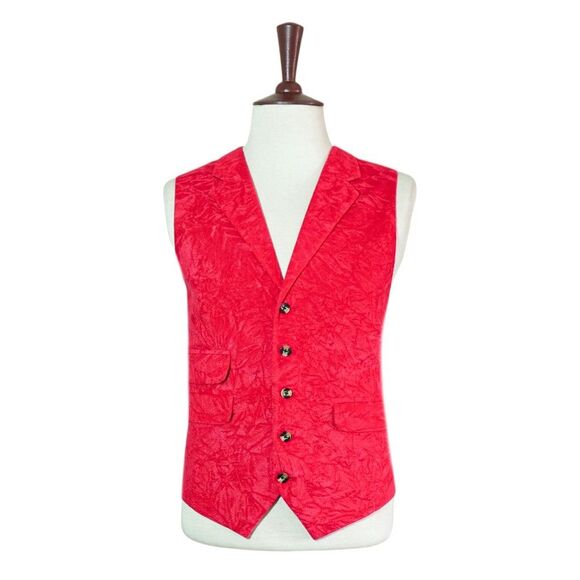 Mens 46R Red Crushed Velvet Vest Waistcoat Notch Lapel Formal Wedding Prom Party